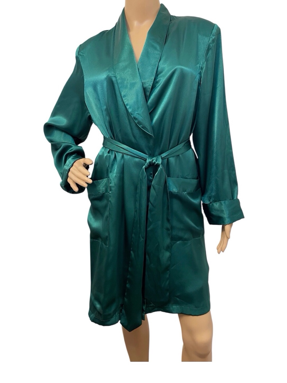 Mystique Intimates Women's Emerald Green Satin Tie-Belt Bathrobe,M